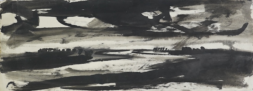 David Smith (British, 1930-1999), 'The River Downham Market, Norfolk', ink and wash on paper, 29 x 77cm